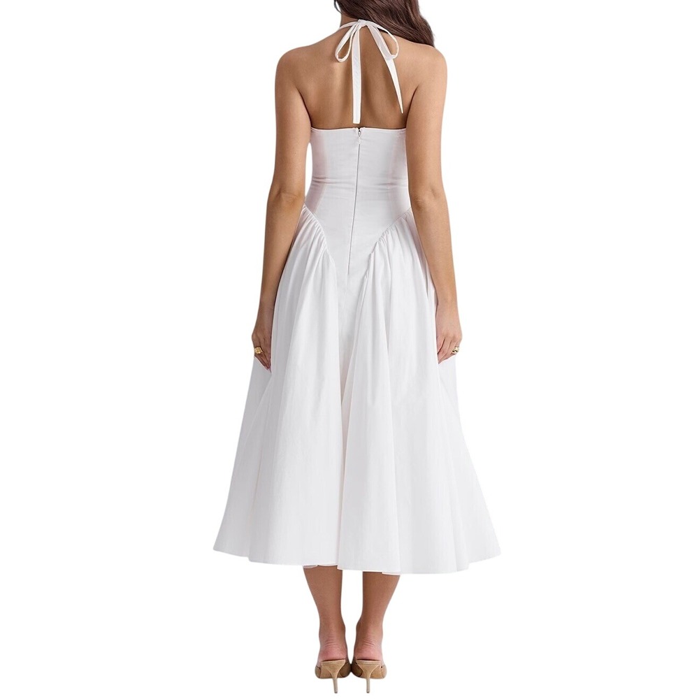 House of CB Marilyn Ivory Open Back Halter Dress Midi Pleated Skirt - Size S - Picture 2 of 16
